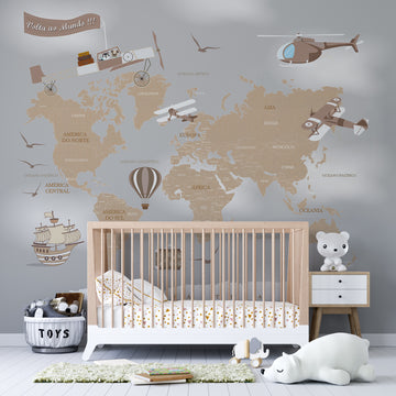 Papel de Parede Adesivo Infantil de Mapa Mundi Cinza PEQUENO EXPLORADOR